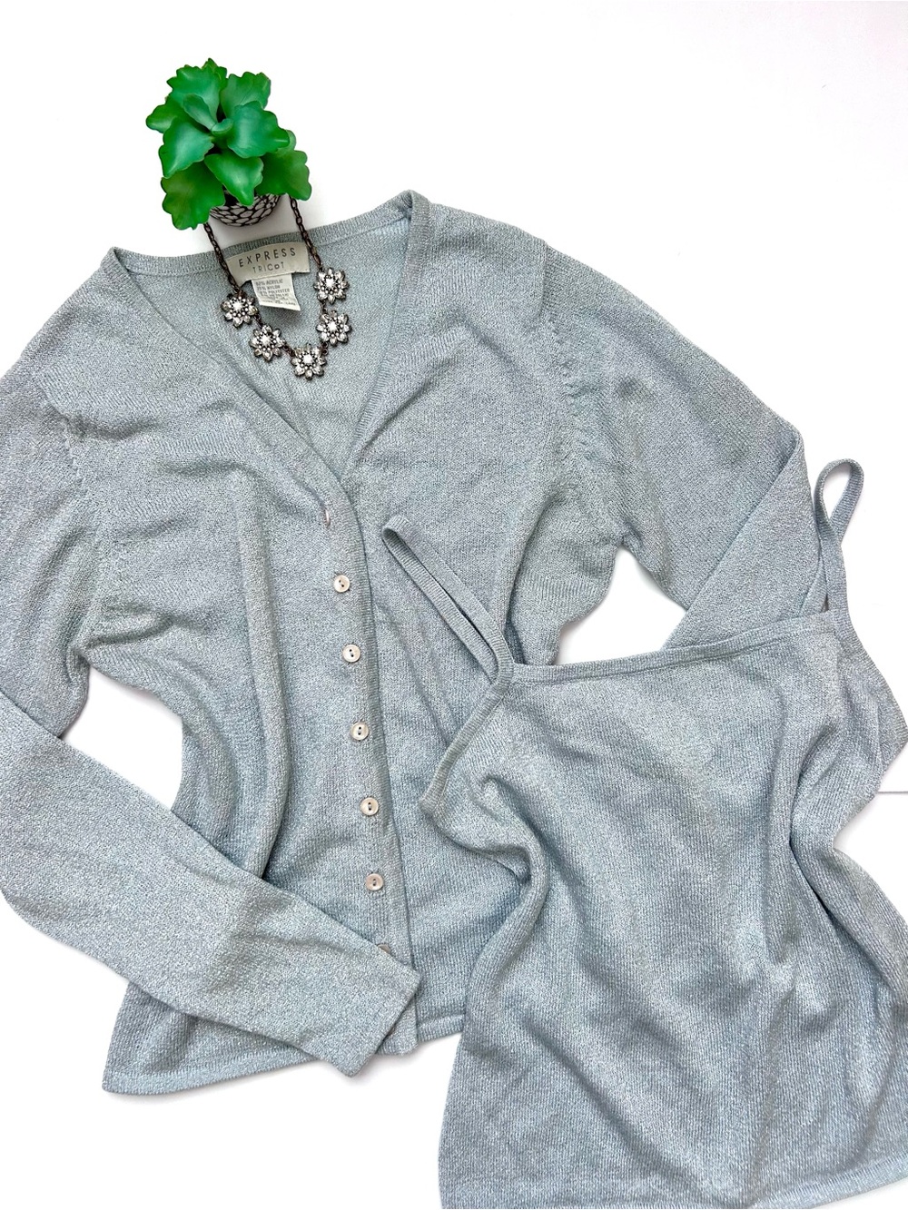 Vintage 90s Y2K Express Tricot Square Neck Cami Cardigan Set Silver Metallic S